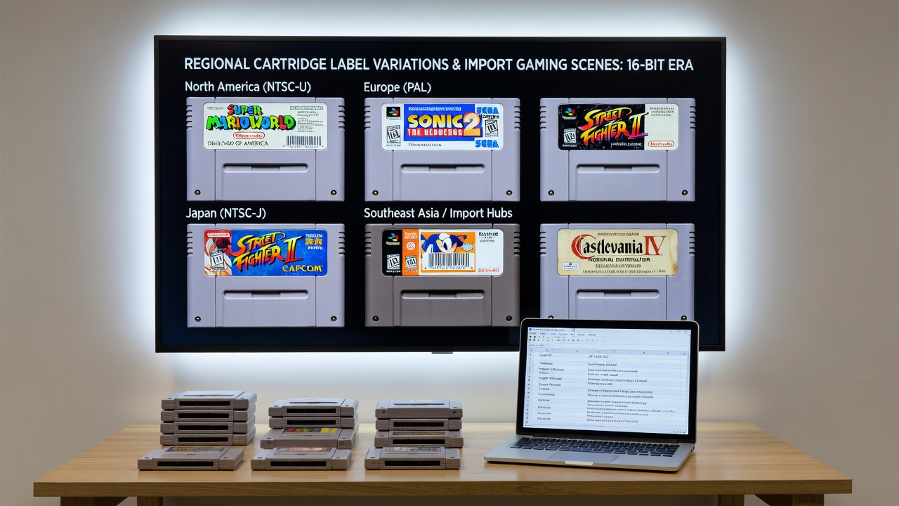 Close-up comparison of label artwork and text placement across different regional 16-bit cartridges