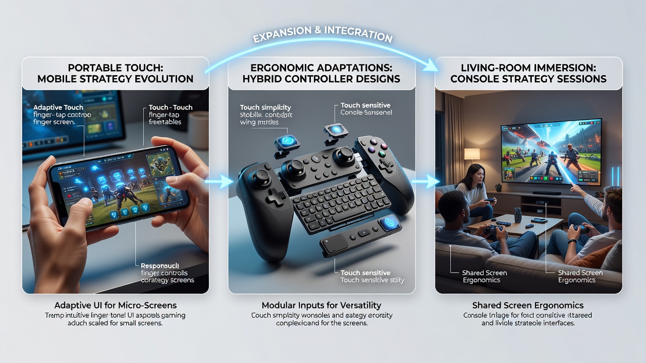 Ergonomic controller layouts showing adaptations for portable touch strategy games transitioning to living room setups