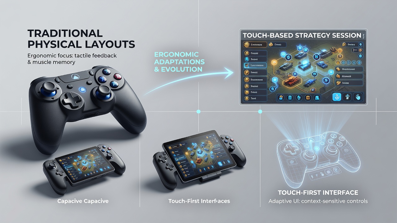 Detailed view of controller adaptations including rear touch panels and adjustable grips for strategy gameplay