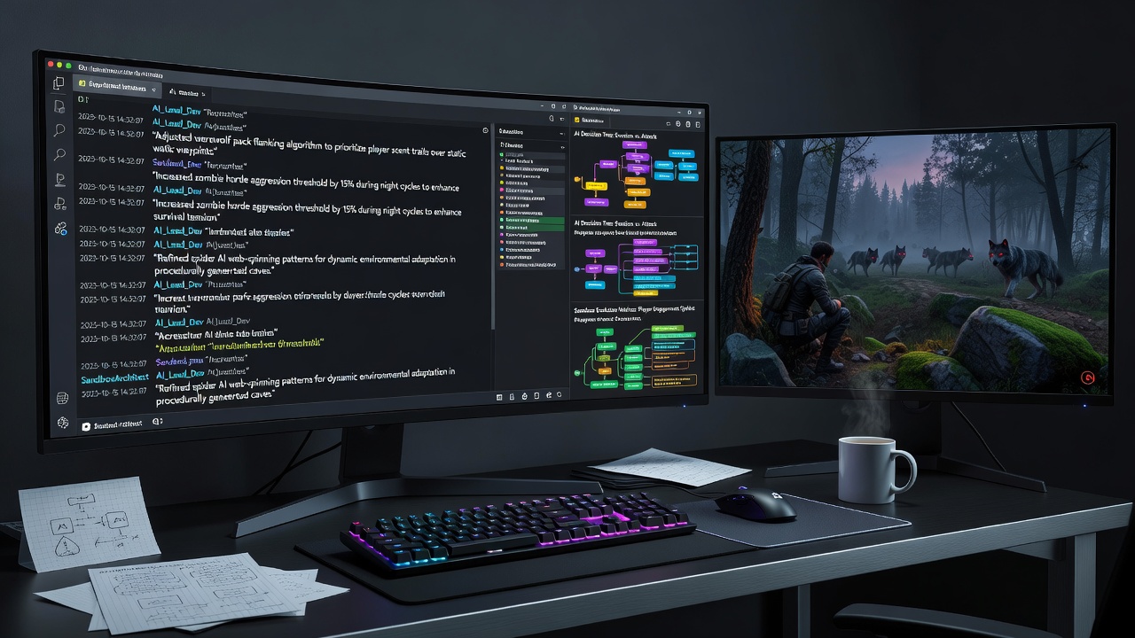 Developer notes and code snippets overlaid on survival game footage of adjusted monster AI behaviors