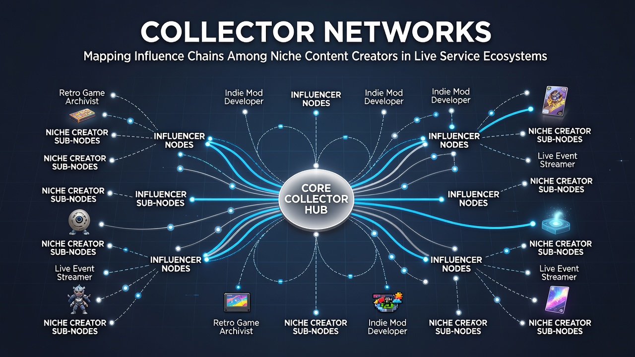 Network diagram showing connections between niche content creators in live service games with nodes and influence paths highlighted