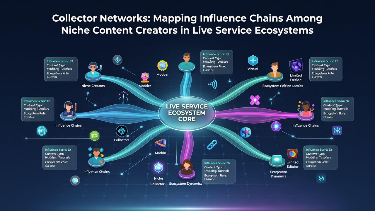 Screenshot of an influence chain visualization tool displaying creator clusters and migration arrows between live service titles