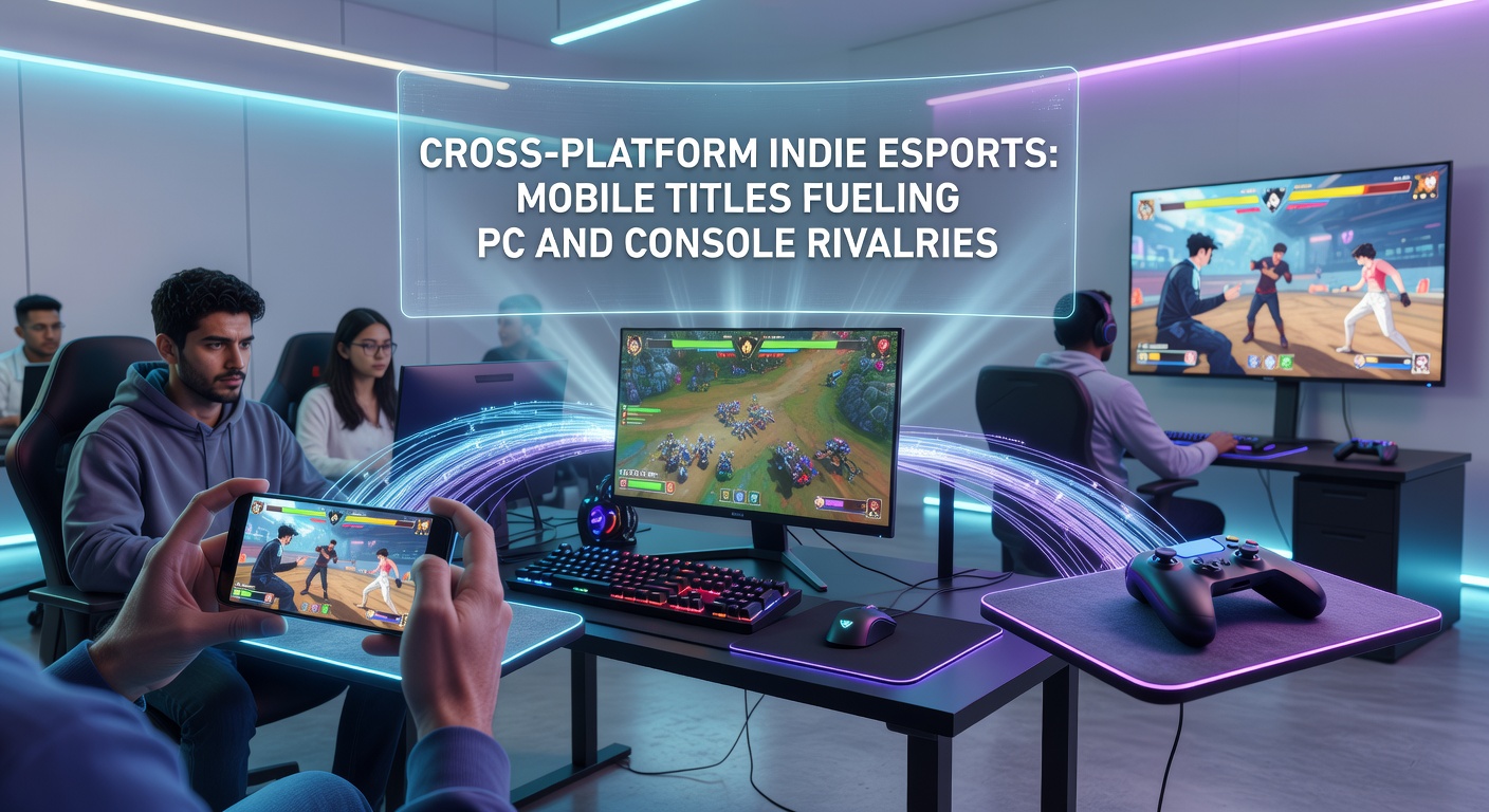 Players competing in a cross-platform indie esports match, with mobile, PC, and console interfaces visible side by side