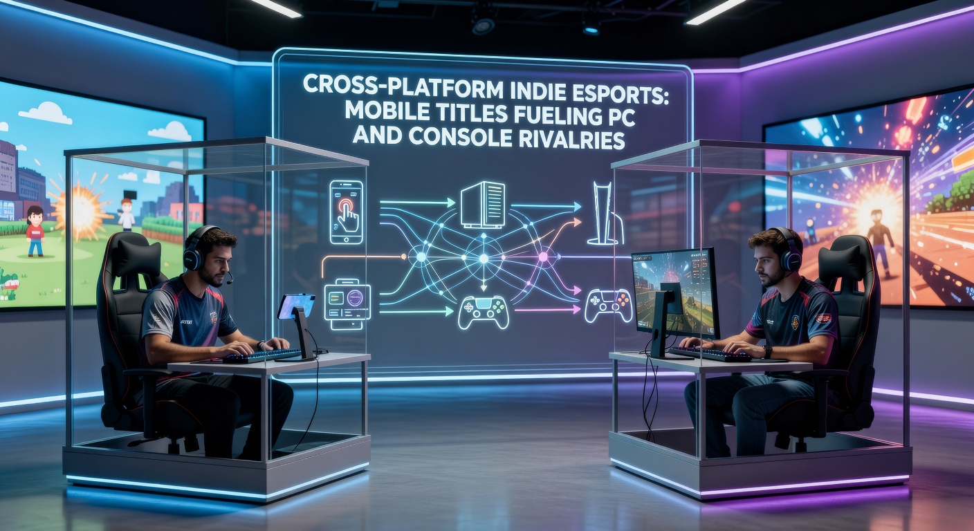 A split-screen view of a mobile player facing off against PC and console opponents in an indie esports arena