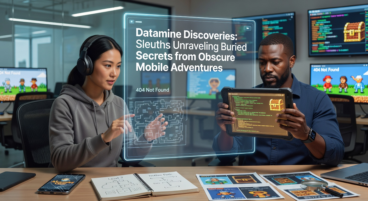 Dataminers extracting files from an old mobile game APK, revealing hidden textures and code snippets on a computer screen amid scattered game assets