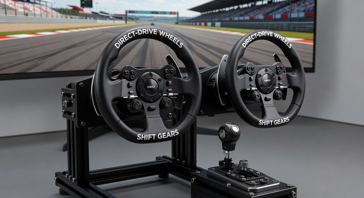 Close-up of a direct-drive wheel base mounted on a sim racing rig, showcasing the servo motor and carbon fiber components delivering precise force feedback during a high-speed virtual lap
