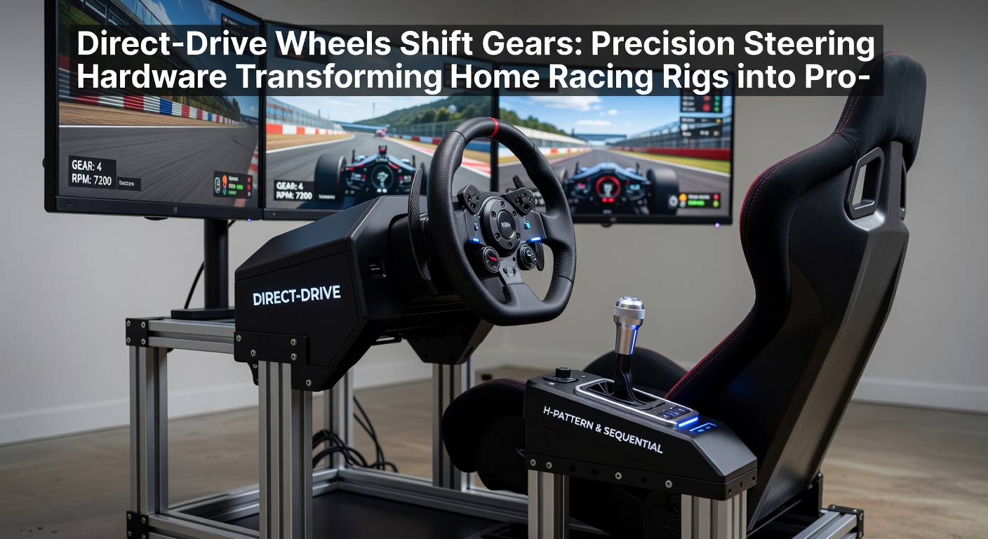Sim racer gripping a direct-drive wheel during an intense virtual rally stage, with dashboard lights flashing and rig motion platform tilting sharply to mimic off-road bumps