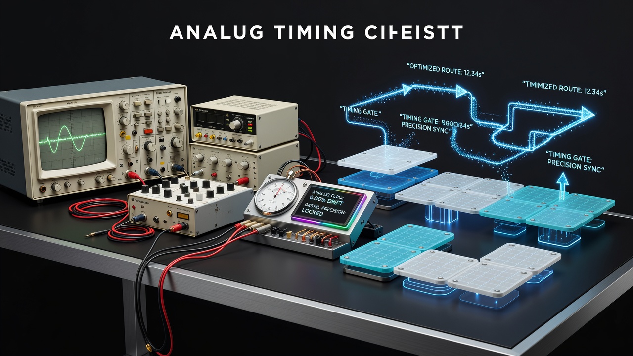 Analog timing circuits integrated into modern platformer speedrun toolkits showing resistor-capacitor networks alongside digital emulators