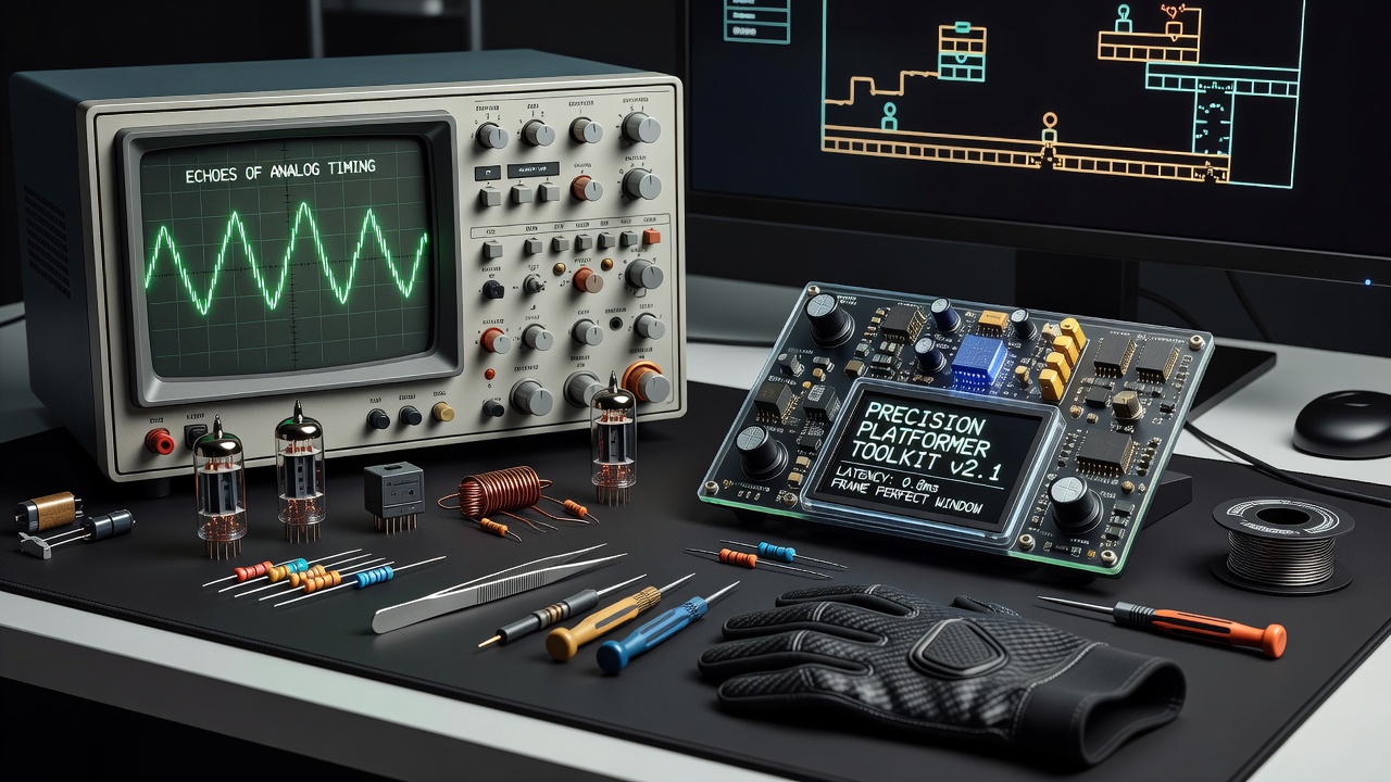 Speed enthusiast calibrating analog-style timing parameters within a platformer practice toolkit interface