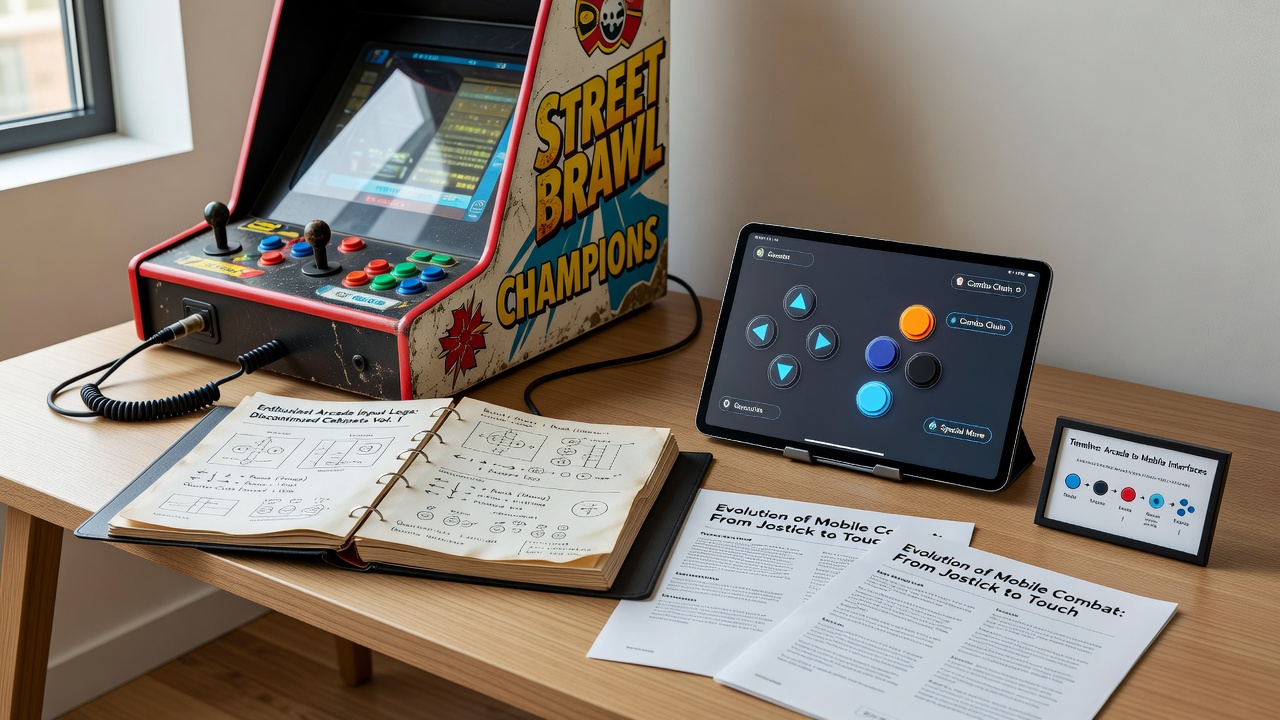 Archivists examining button layouts from vintage fighting game cabinets alongside mobile device interfaces