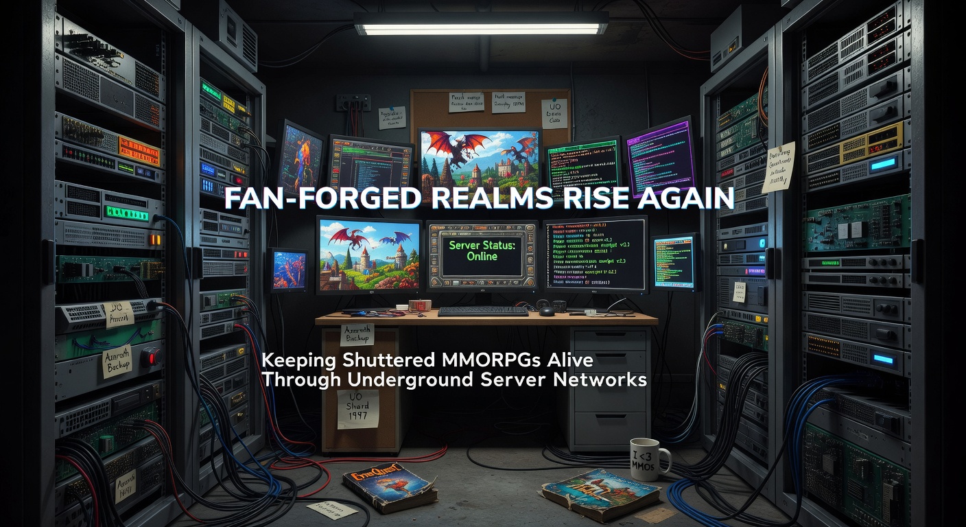 A vibrant digital realm recreated by fans, showing players in a classic MMORPG world with guild banners and epic battles under a starry sky