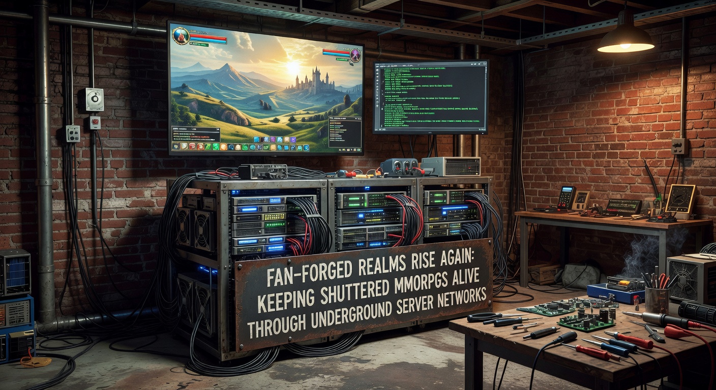 Developers huddled over code on multiple screens, debugging a fan server for a legendary MMORPG, with chat logs and player stats visible