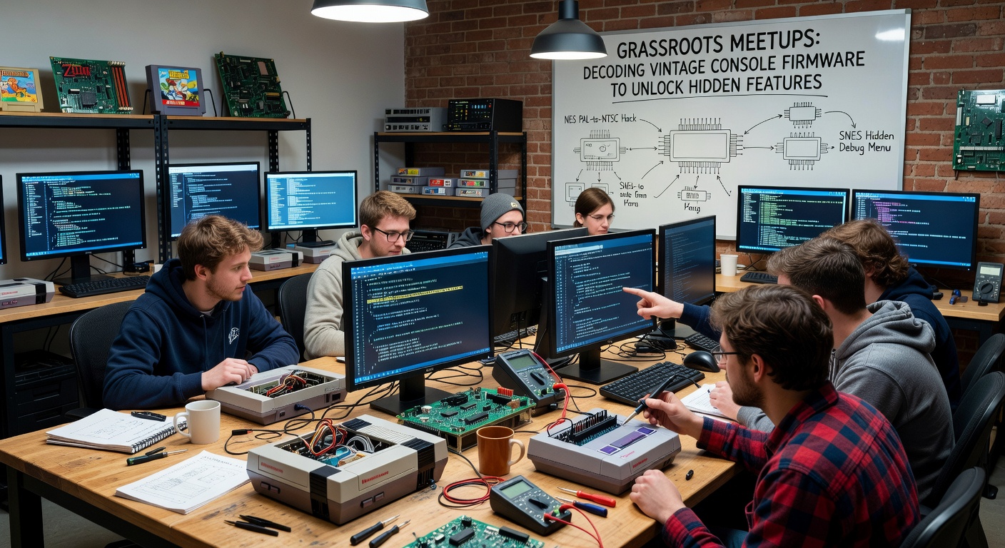 Enthusiasts gathered around tables with vintage consoles and firmware analysis tools during a grassroots meetup