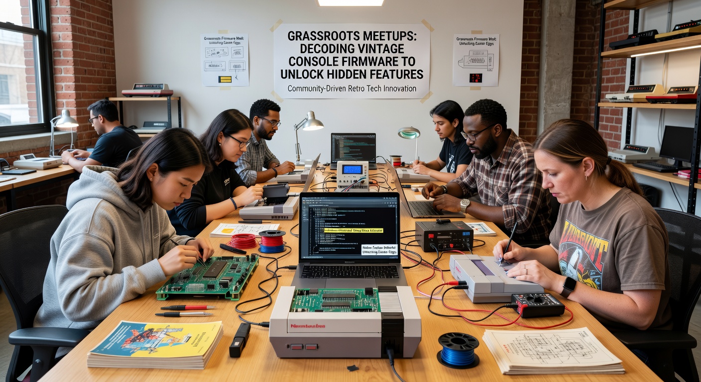 Close-up of vintage console circuit boards connected to analysis equipment at a community decoding event