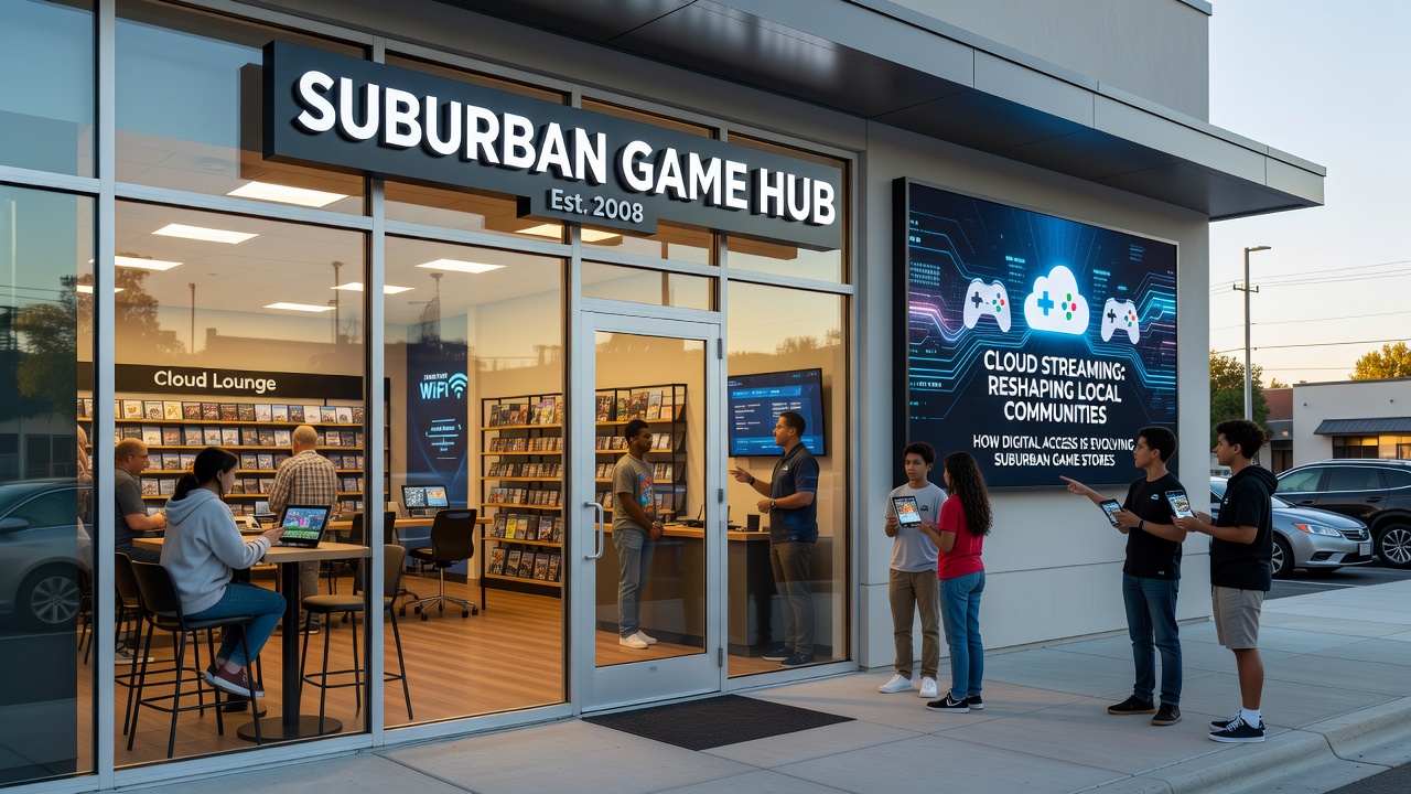 Group of suburban residents participating in a cloud gaming event inside a local store with multiple screens