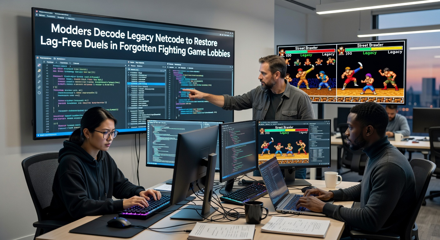 Modders analyzing legacy netcode structures in a fighting game lobby environment