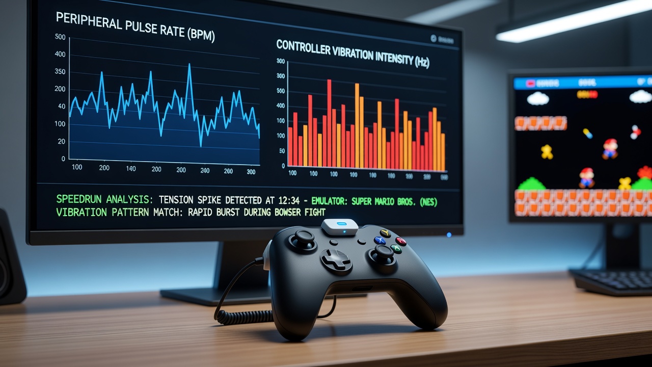 Controller vibration analysis setup with emulator hardware and pulse monitoring equipment for speedrun tension tracking