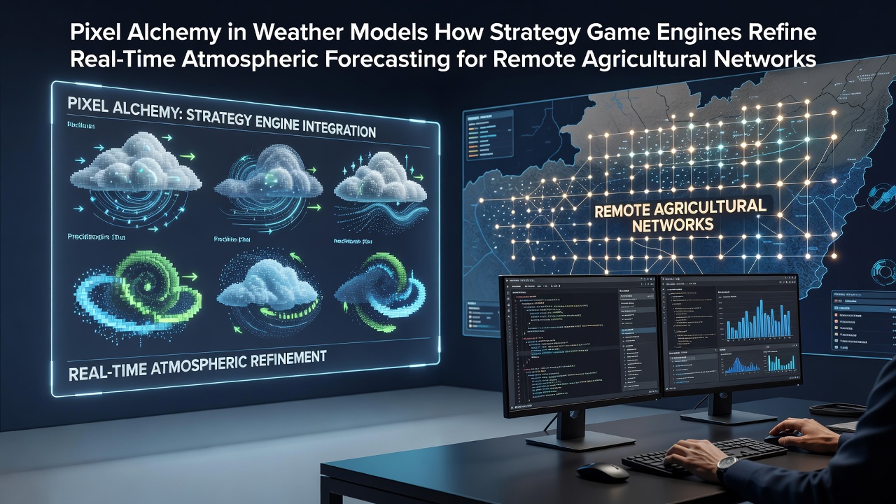 Visualization of strategy game engine pixels transforming into atmospheric data layers for weather simulation