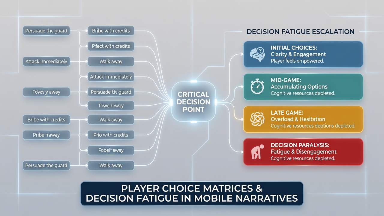Heatmap overlay on a mobile game dialogue tree illustrating player decision fatigue patterns over long sessions