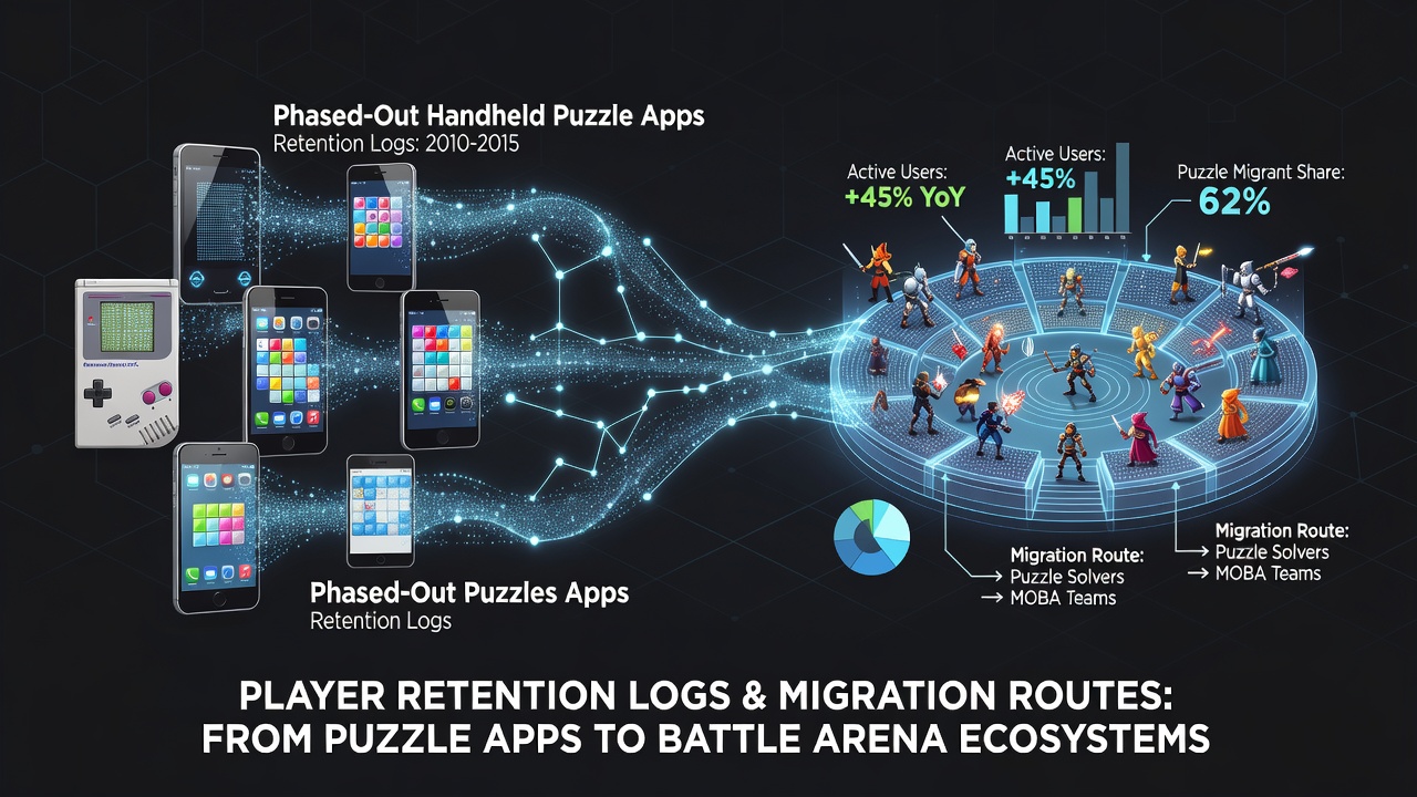 Data visualization charts showing player retention trends from old mobile puzzle apps transitioning to battle arena games