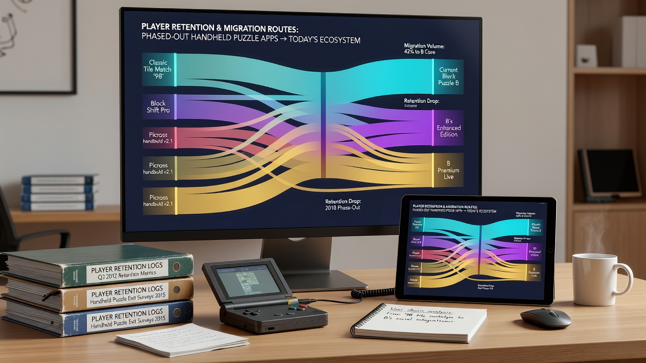 Network diagram illustrating player migration flows between puzzle app servers and battle arena platforms