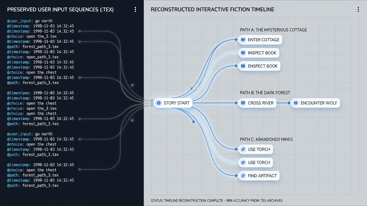 Timeline visualization generated from reconstructed text adventure command sequences displayed on archival workstation