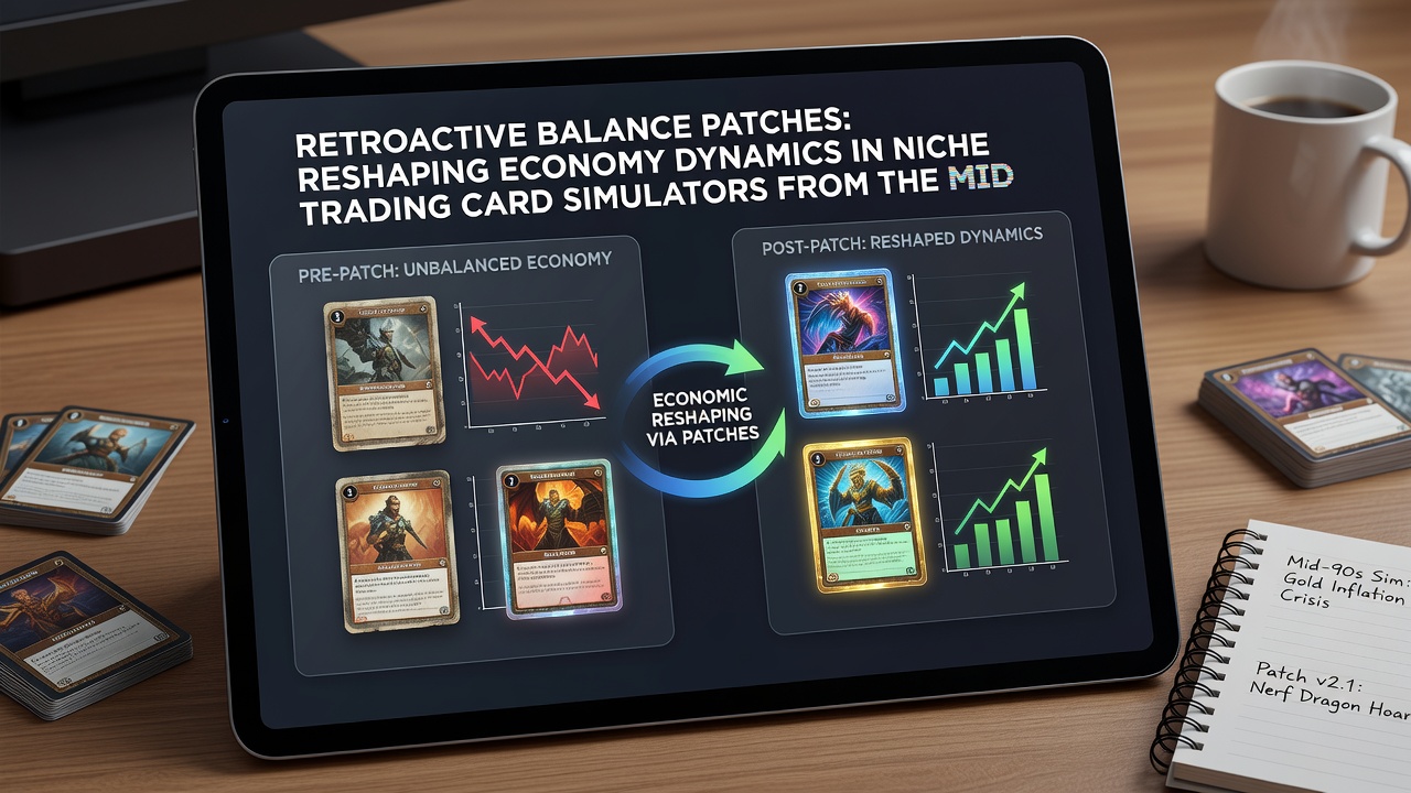 Analytics dashboard displaying trading volume spikes and card price fluctuations after a retroactive balance patch in a 2010s simulator