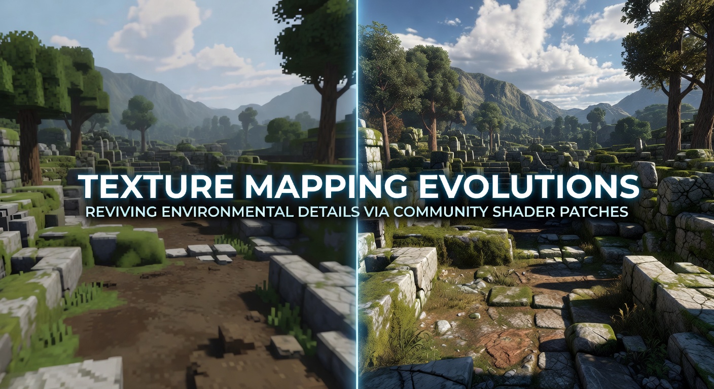 Texture mapping enhancements applied to an aging 3D adventure environment showing revived surface details and lighting interactions