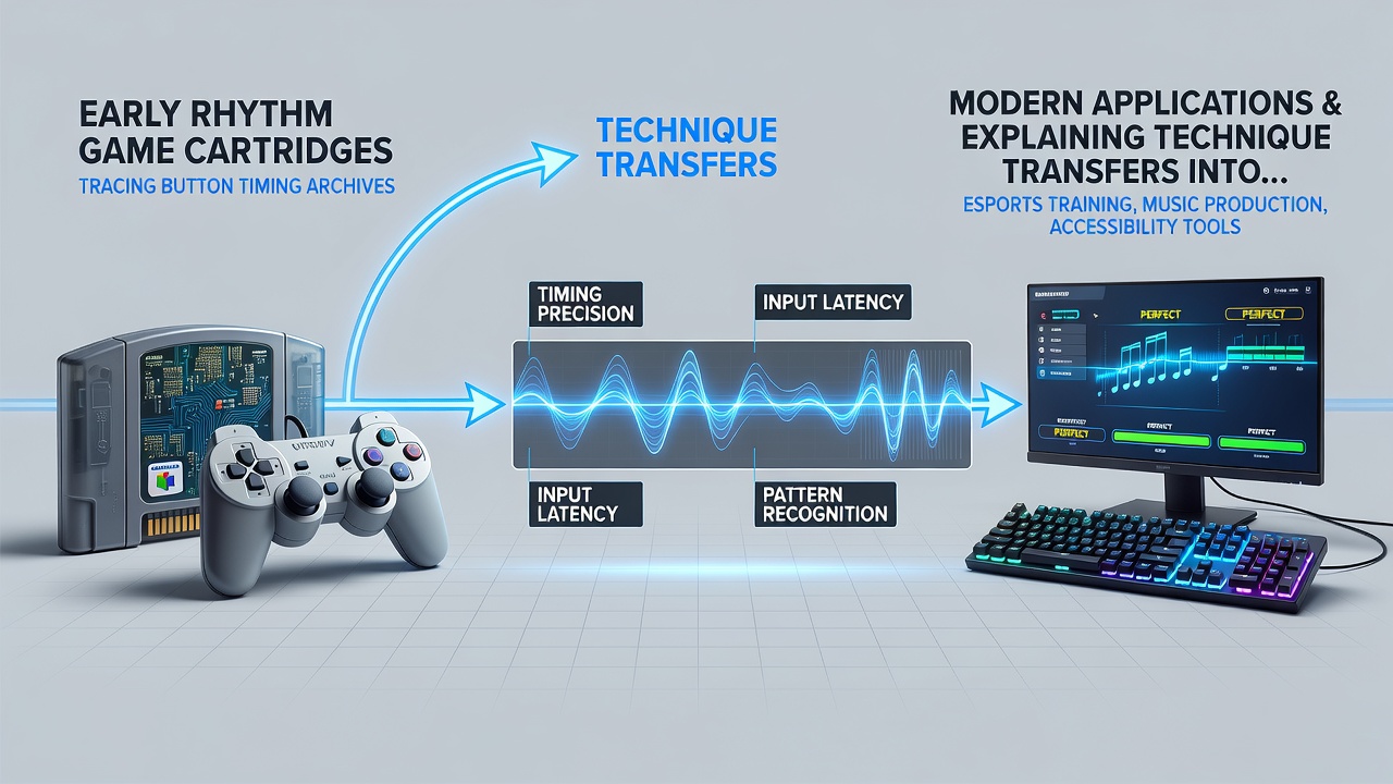 Mobile device screen capture alongside cartridge dump showing identical timing window overlays used in rhythm sequels