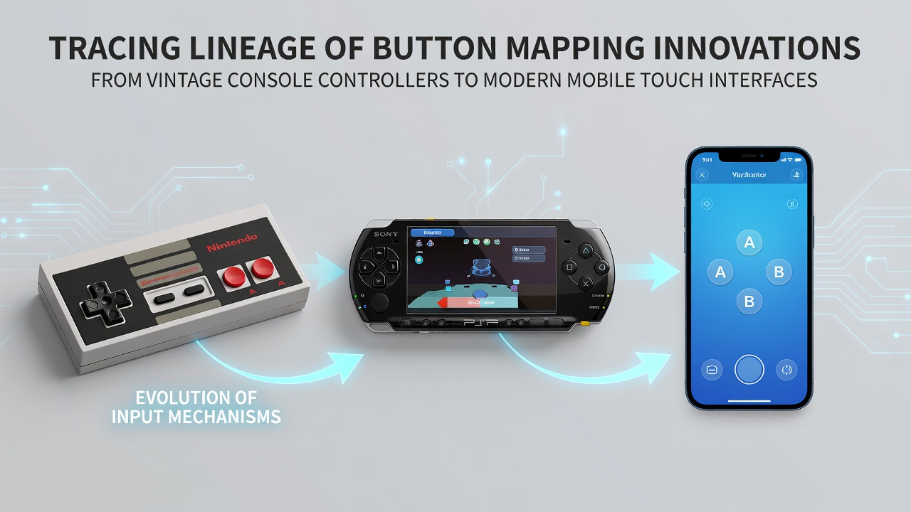 Vintage NES controller beside early mobile touch interface showing button mapping evolution