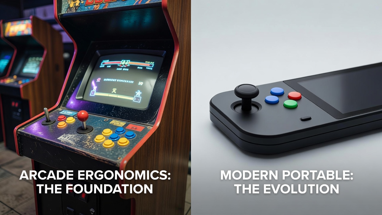 Vintage arcade cabinet showing joystick and button layout ergonomics from the 1980s era