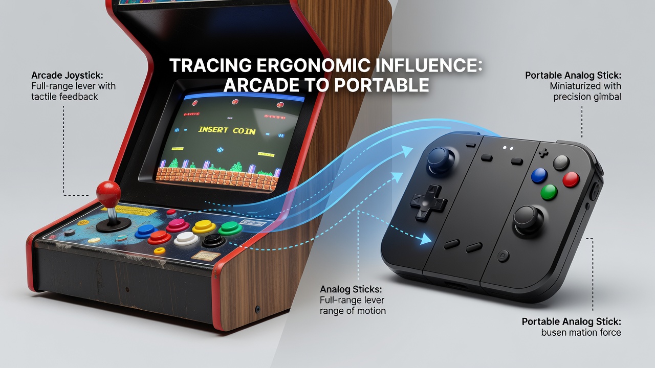 Modern portable gaming device with control layout derived from arcade cabinet ergonomics