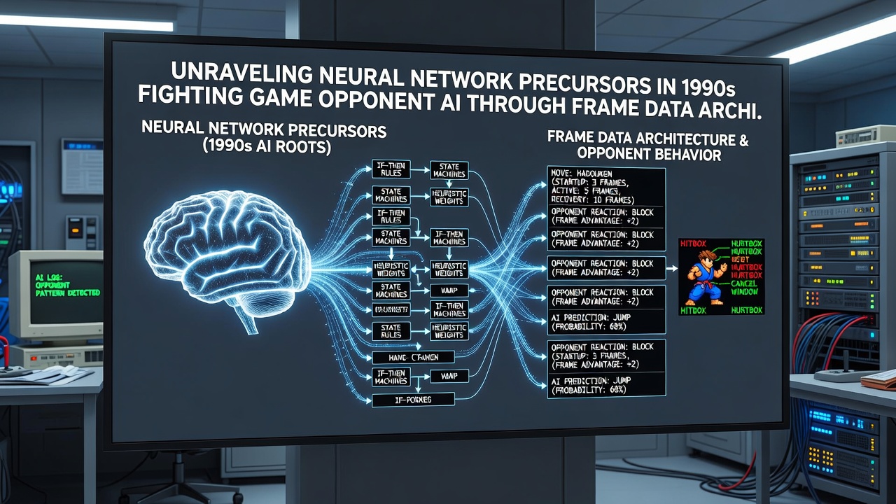 Detailed frame data spreadsheets and arcade cabinet analysis for 1990s fighting game AI reconstruction