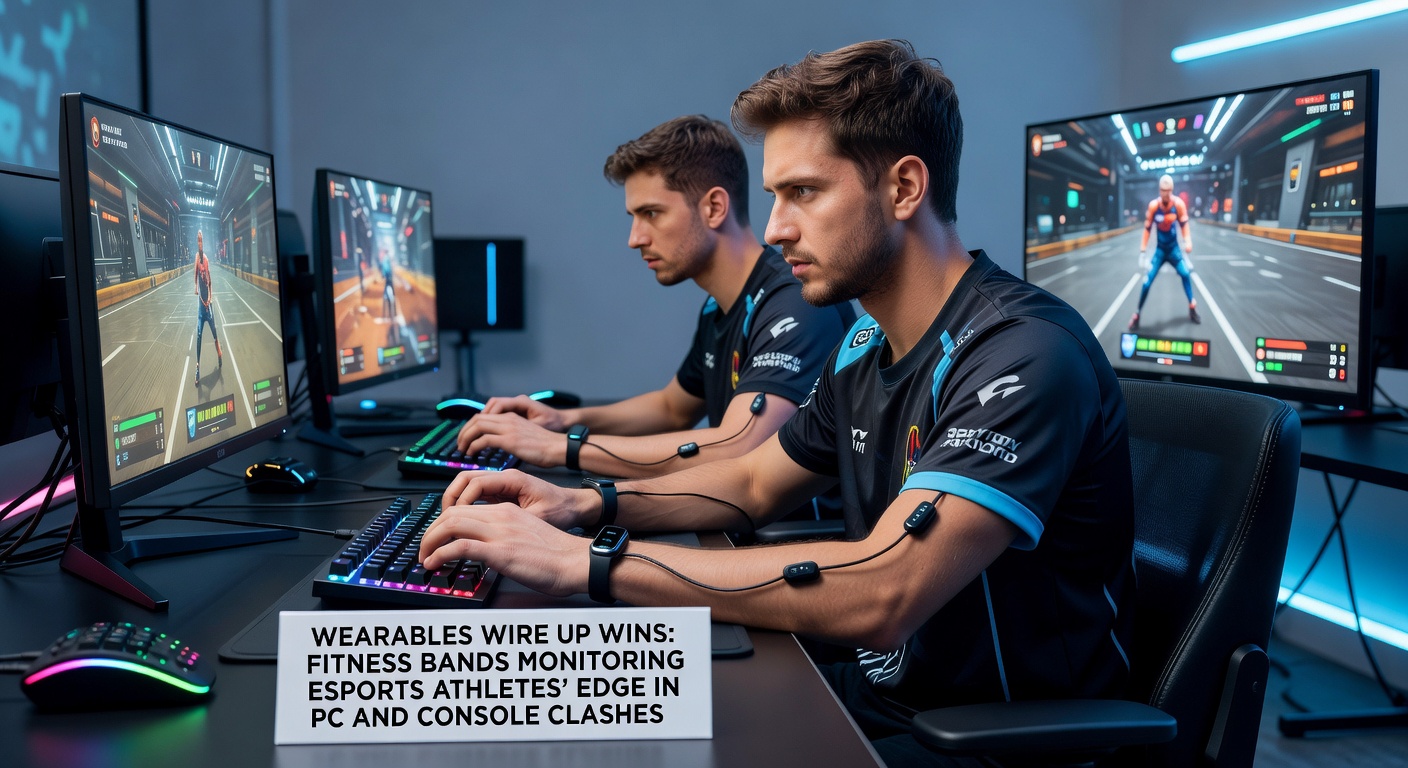 Esports athlete wearing a fitness band during a intense PC gaming session, with heart rate data overlay on screen