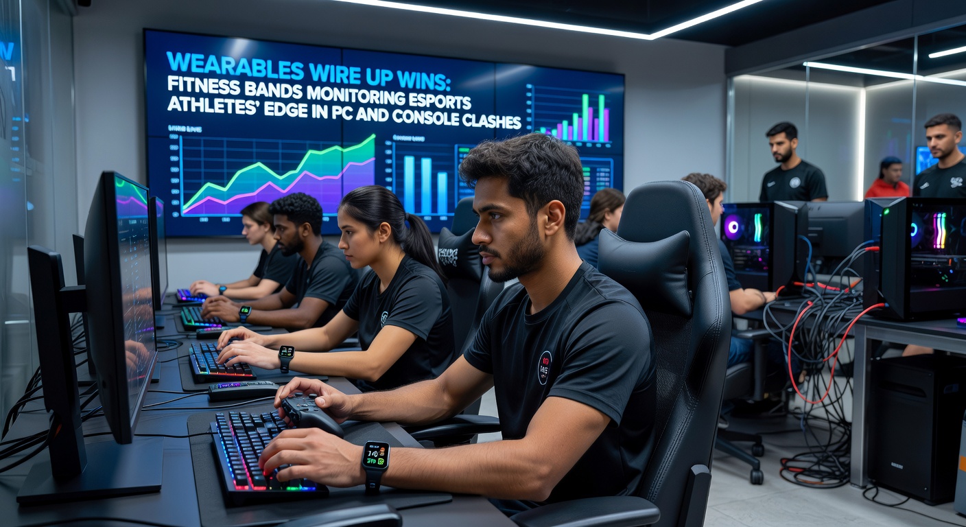 Close-up of a console esports athlete's wrist with fitness band displaying real-time performance metrics during a match